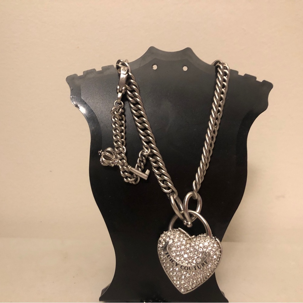**VERY RARE**👑JUICY COUTURE Y2K Pave Puffy Heart Lock & Crown Key Necklace.READ